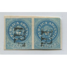 ARGENTINA 1862 GJ 09 ESCUDITO de 15 Cts. PAREJA DE ESTAMPILLAS EL SEGUNDO SELLO CON INFIMO ADELGAZAMIENTO Y MATASELLO FRANCA DE RIO CUARTO CORDOBA FIRMA DE KNEITSCHEL MUY RARA Y LINDA PIEZA U$ 245 CADA UNA + 150 %